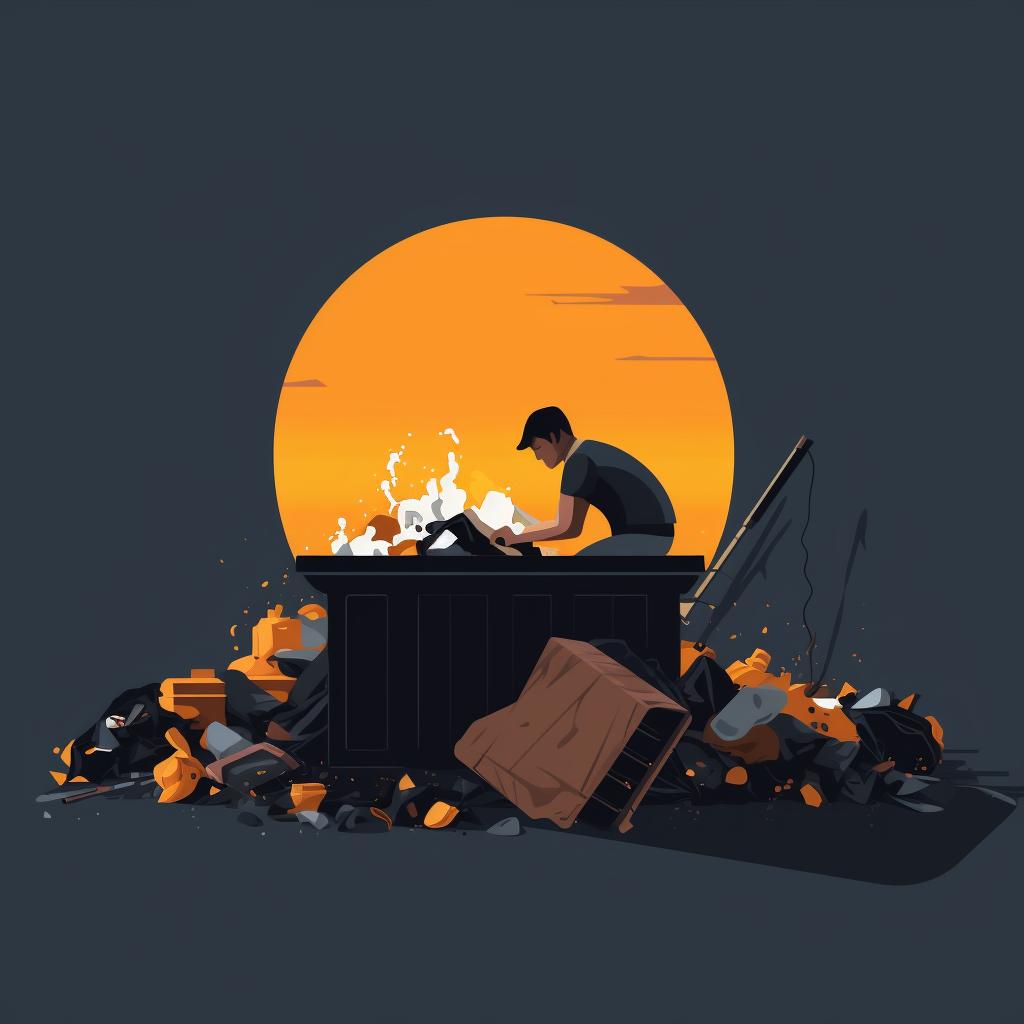 A person filling in gaps in a dumpster with small pieces of construction waste